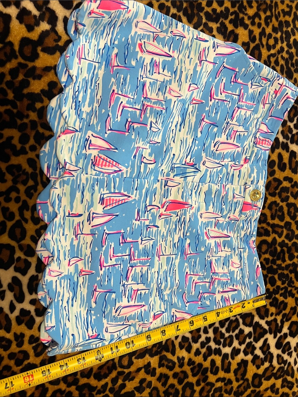 Lilly Pulitzer Blue Sailboat Print Scalloped Mini Skirt with Pink Accents, SKORT